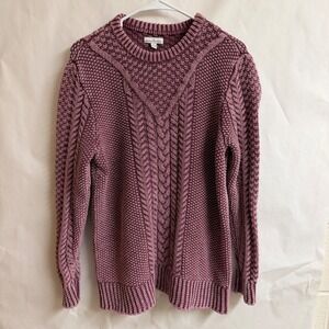 LL Bean Signature Womens L Lilac Knit Sweater Cable Fisherman Textured Crew Neck